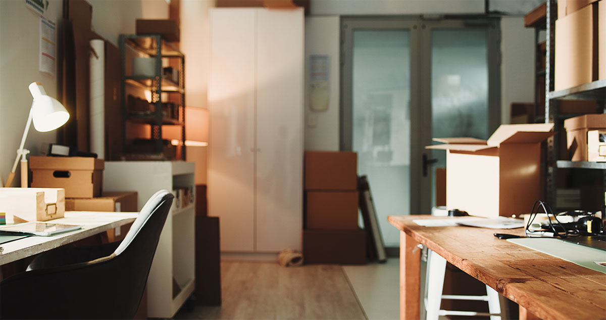 Logistics, empty or boxes in office building